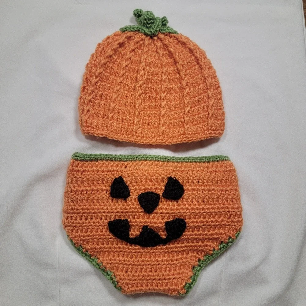 Halloween Pumpkin Crochet Baby Hat and Diaper Cover Set Size 0-6 Months